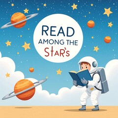 Naklejka premium Astronaut reading a book in outer space with cosmic background and planets visible 