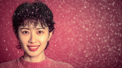 Smiling young asian woman in falling snow on a warm pink background creating a festive christmas atmosphere of joy and winter mood