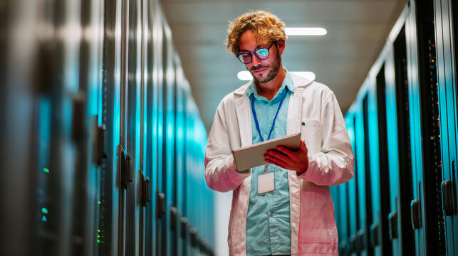 A man in a lab coat is using his tablet computer while walking through the server racks of an IT data center - Powered by Adobe