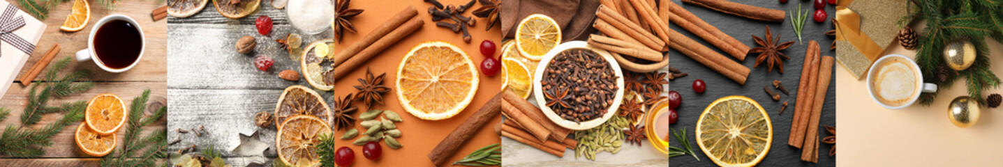 Christmas collage with spices and coffee, top view. Happy winter holidays