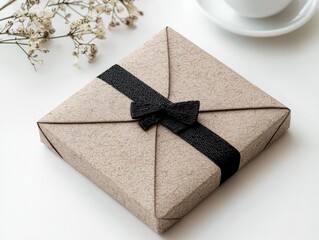 Close-up of a wrapped gift box with a black ribbon and dried flowers on a white surface, creating a minimalist and elegant composition.