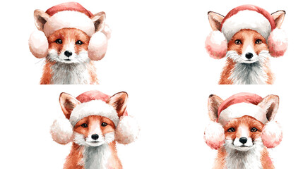 Obraz premium Cute watercolor fox portraits wearing Santa hats and fluffy earmuffs. Perfect for Christmas cards winter design nursery art festive decorations and seasonal illustration projects.