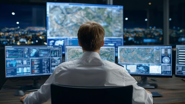 118Conceptual view of an executive analyzing rare earth supply chain dashboards on multiple monitors, with maps, charts, and mineral data in a futuristic office setting