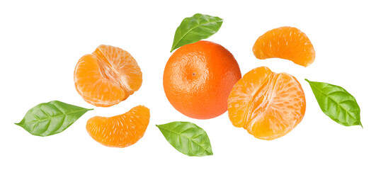 Fresh tangerines and green leaves falling on white background. Citrus fruit