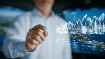 123Close-up of hands pointing to a touchscreen display with animated graphs of rare earth mineral flows, office interior and sunlight reflections adding realism - Powered by Adobe