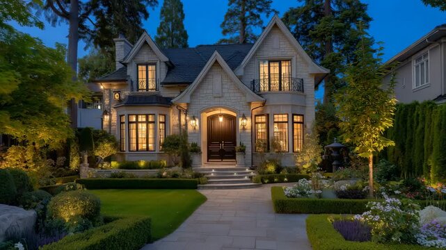 120Magnificent luxury house exterior at dusk with grand stone fa&ccedil;ade, multiple glowing windows radiating warm interior light, manicured hedges and garden lighting accentuating the ele
