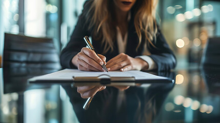 Obraz premium woman signing a legal contract on a smooth black conference table, elegant pen, soft overhead lighting, close-up focus on her face showing professionalism and precision