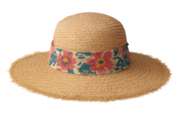 Straw sun hat with wide brim presenting a colorful floral band for summer fashion, beach accessory, and vacation style