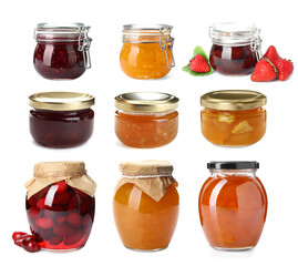 Collection of jars with different jams isolated on white