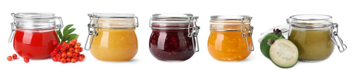 Collection of jars with different jams isolated on white
