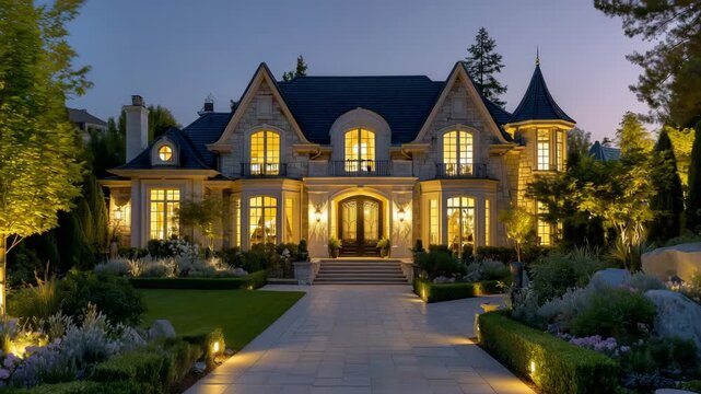 125Beautiful stone mansion with symmetrical design, warm interior lights shining through multiple tall windows, landscaped garden paths and trimmed shrubs glowing under subtle dusk sk
