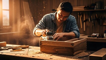Dedicated Asian craftsman meticulously sands a custom wooden box with an electric sander, bathed in cinematic golden light within his productive home woodworking studio, embodying DIY mastery.