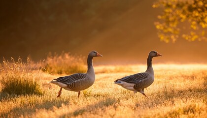 Fototapeta premium two elegant greylag geese walking in a field bathed in the golden morning light