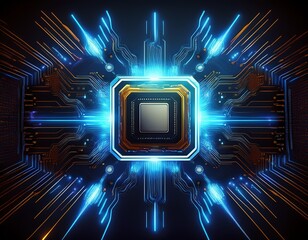 a square chip in the center surrounded by a glowing blue circle with lightning on a black background
