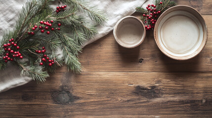 Minimal winter table with linen and botanicals