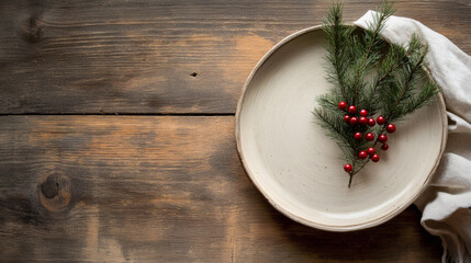 Minimalist table setting with linen and winter botanicals