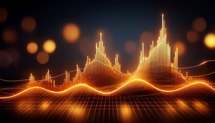 an orange glowing line graph with peaks and valleys against a dark background with bokeh lights