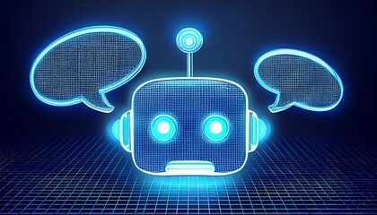 a glowing blue robot with speech bubbles on a dark background with a grid pattern below it