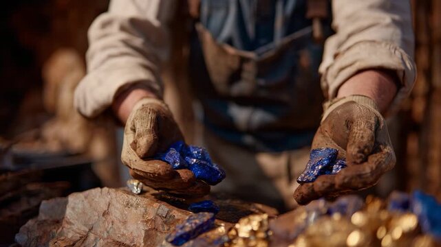 132Side view of a miner examining a unique mineral sample, rough gloves and earthy textures contrasting with metallic shimmer, underground environment softly blurred