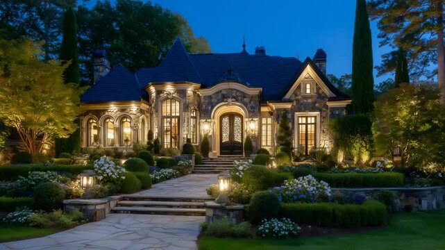 131Sophisticated twilight scene of a luxury residence, rich stonework and warm interior lights blending beautifully with the blue hour sky, manicured gardens outlining the home&rsquo;s silh
