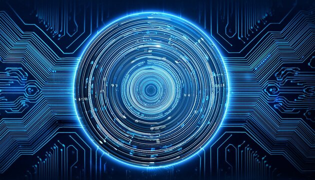 a digital circuit board design with concentric circles and blue glowing lines on dark background