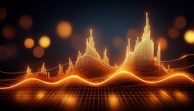 an orange glowing line graph with peaks and valleys against a dark background with bokeh lights