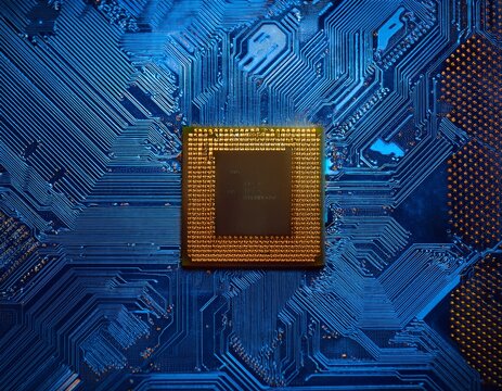 a close up view of a computer processor chip on a blue circuit board with intricate patterns