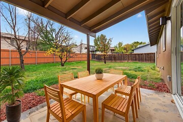 Beautifully Arranged Outdoor Dining Space With Potted Plants And Comfortable Wooden Furniture