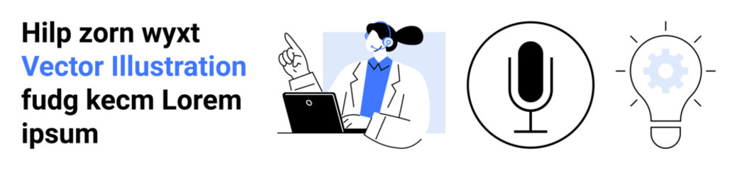 Education, innovation, communication, idea generation, knowledge sharing, learning technology. Woman working on laptop, microphone and lightbulb icons. Education and innovation concepts