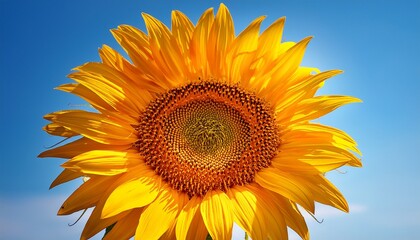radiant yellow sunflower bloom against a clear blue sky backdrop closeup