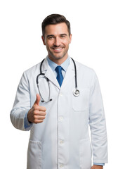 Fototapeta premium A smiling male medical professional wearing a white lab coat and stethoscope gives a thumbs up gesture isolated on transparent background
