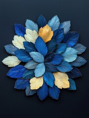 An artistic arrangement of blue, white, and gold leaves arranged in a circular pattern against a dark background.