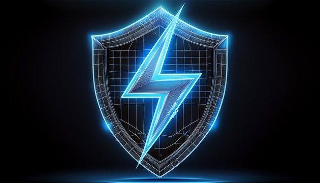 a blue lightning bolt inside a wireframe shield on a black background in a digital rendering