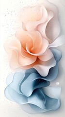 An abstract composition featuring stylized floral forms in pastel colors, with delicate lines and sparkling details, set against a white background.