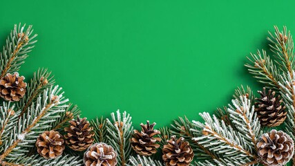 Winter forest fir branches evergreen cones frosty flatlay chroma key border composition overlay template footage