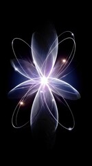 An abstract, digitally created floral design with glowing white and purple lines against a black background. The image has a futuristic and ethereal feel.