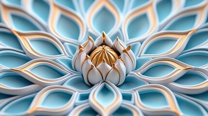 Close-up of an abstract floral design featuring gold, white, and blue elements. The design has a 3D effect.
