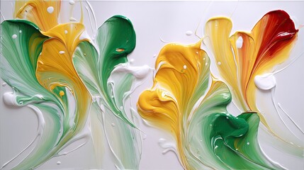 An abstract painting featuring colorful brushstrokes in shades of yellow, green, and red against a white background.