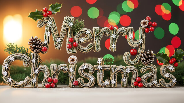 Merry christmas text made of twigs with berries and pine cones on a festive bokeh background - Powered by Adobe