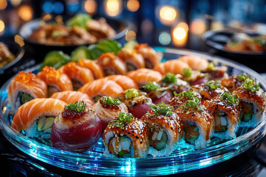 Assortment of sushi rolls on glowing blue platter