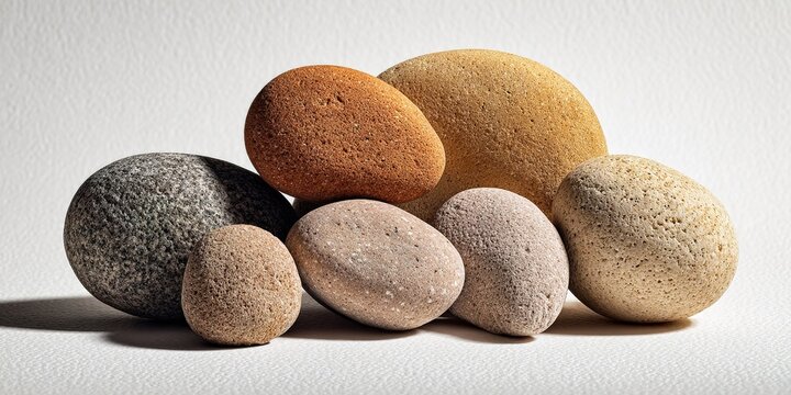 Collection of assorted smooth stones arranged artistically on a light background showcasing their natural textures