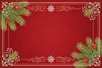 Elegant Christmas stationery template with flourishes, pine branches, snowflakes, and berries for holiday greeting cards, invitations, and festive designs
