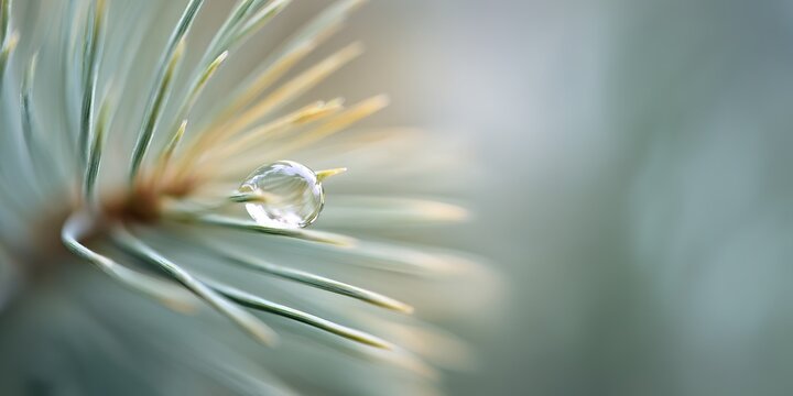 Close-up of water droplet resting on a pine needle in a tranquil natural setting during early morning light