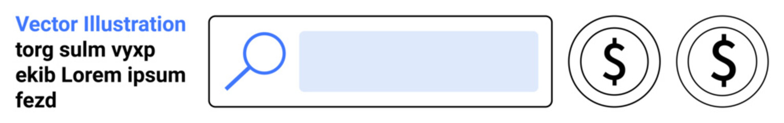Fototapeta premium Online purchases, financial tools, e-commerce, digital transactions, search optimization, internet browsing. Search bar with magnifying glass and dollar symbols. Online purchases and financial tools