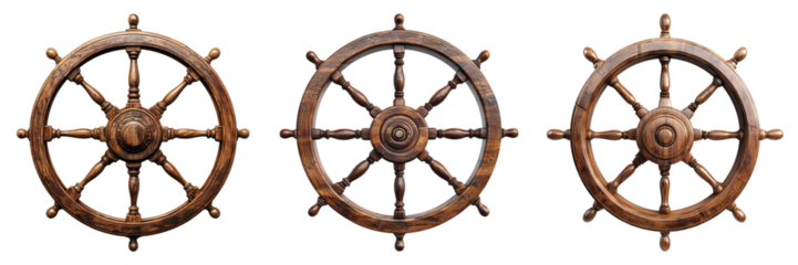 Three detailed wooden ship wheels arranged in a row, exuding a sense of nautical heritage and maritime charm