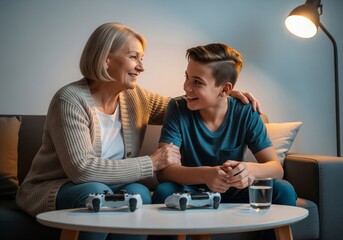 Grandparent and teen talking during break from home video game session