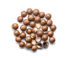 Tasty macadamia nuts isolated on white background.