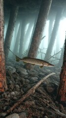 Fototapeta premium Northern pike swimming underwater near wooden pier pilings