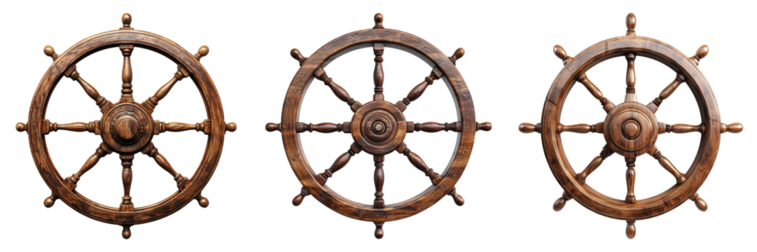 Three detailed wooden ship wheels arranged in a row, exuding a sense of nautical heritage and maritime charm