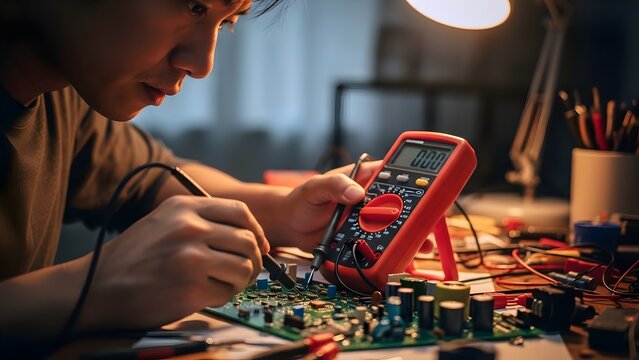 Focused Asian man meticulously tests electronic circuit board components with a multimeter in a dimly lit home workshop, showcasing modern DIY technology skills and home repair.
